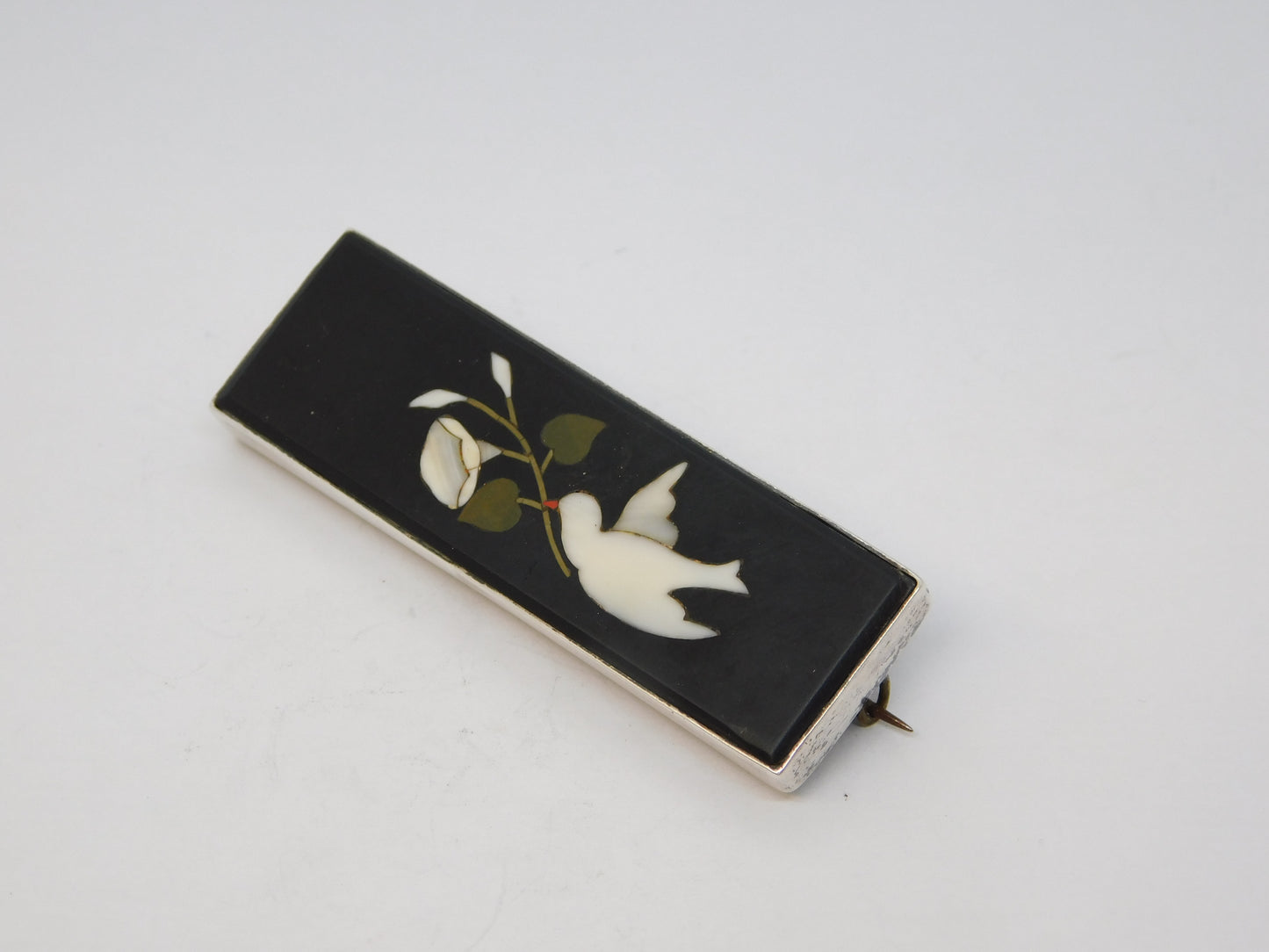 19th Century Sterling Silver & Italian Pietra Dura Dove of Peace Brooch Antique c1860