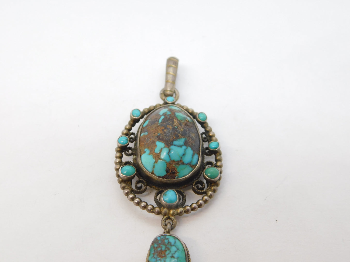 19th Century Sterling Silver Austro-Hungarian Turquoise Drop Pendant Antique c1860