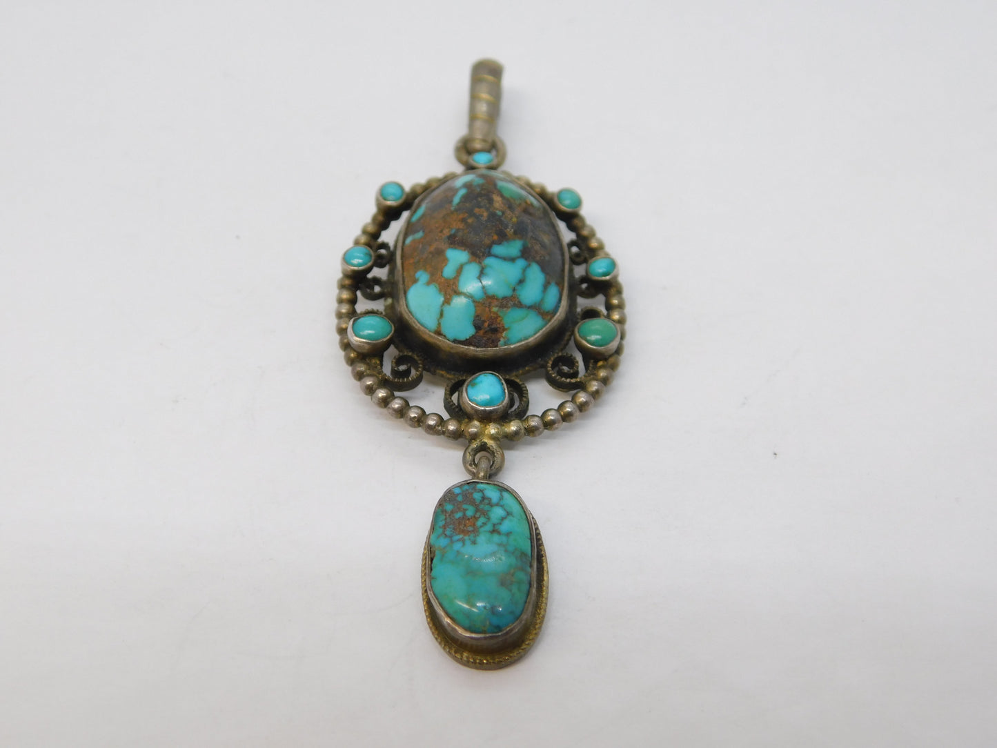 19th Century Sterling Silver Austro-Hungarian Turquoise Drop Pendant Antique c1860