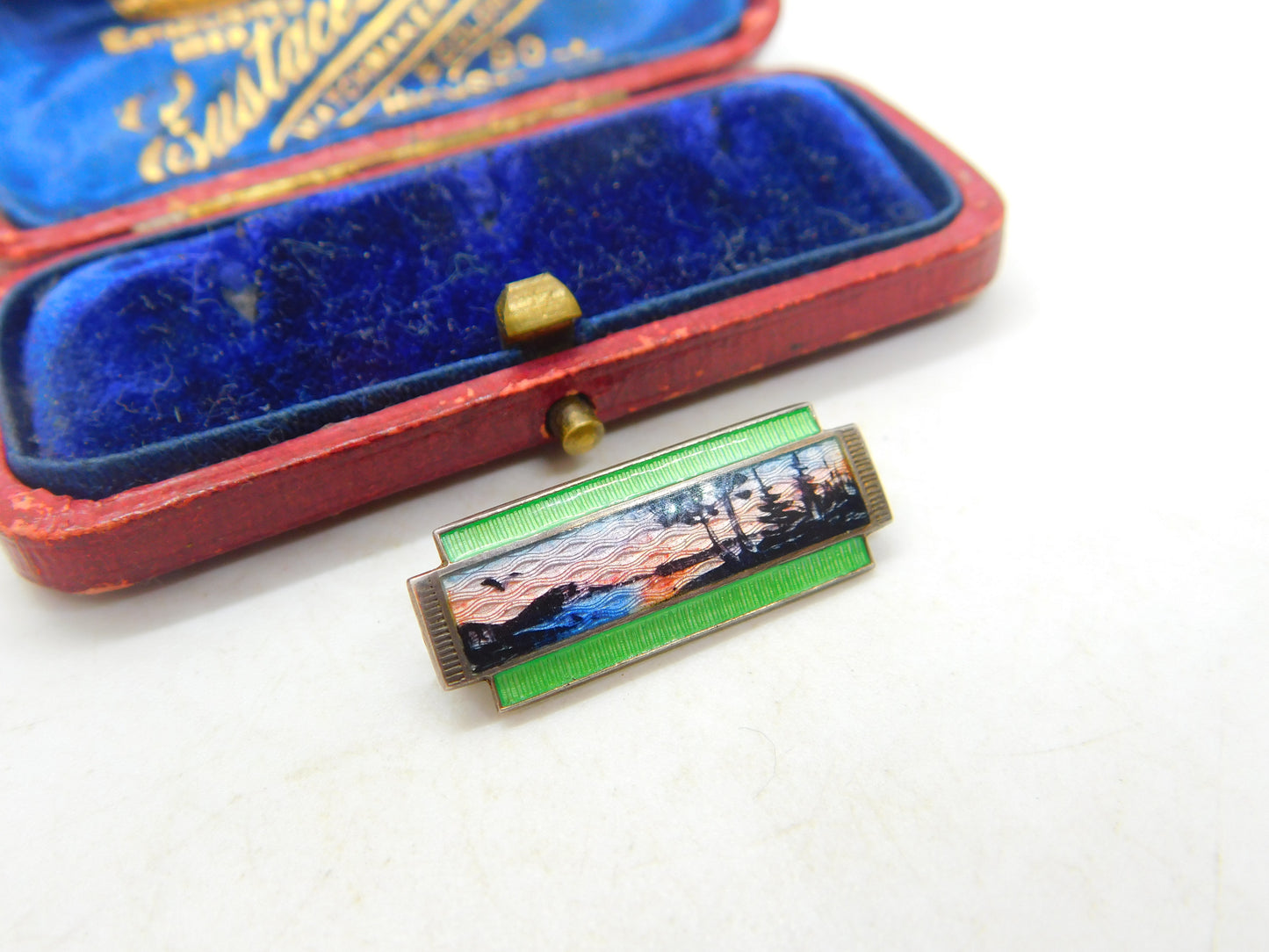 Marius Hammer Sterling Silver & Rare Green Enamel Winter Scene Brooch Antique