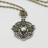 19th Century Sterling Silver Austro-Hungarian Emerald & Freshwater Pearl Necklace Antique c1860