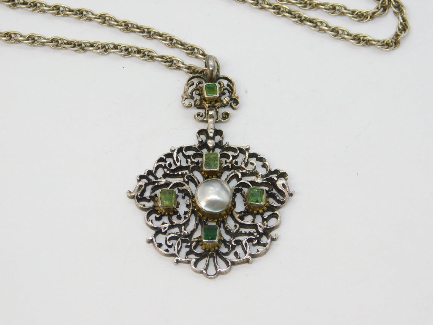 19th Century Sterling Silver Austro-Hungarian Emerald & Freshwater Pearl Necklace Antique c1860