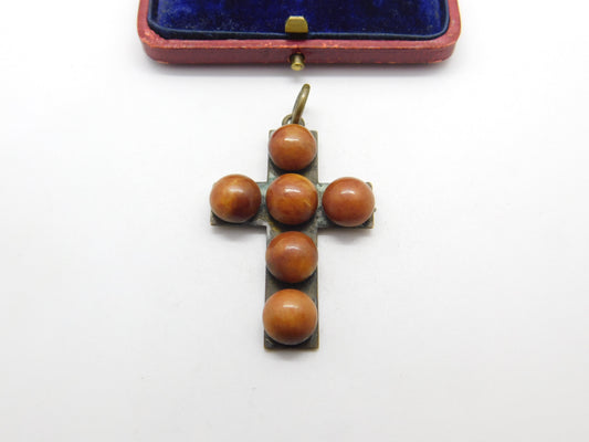 Victorian Gilt Metal & Cabochon Butterscotch Amber Cross Pendant Antique c1860