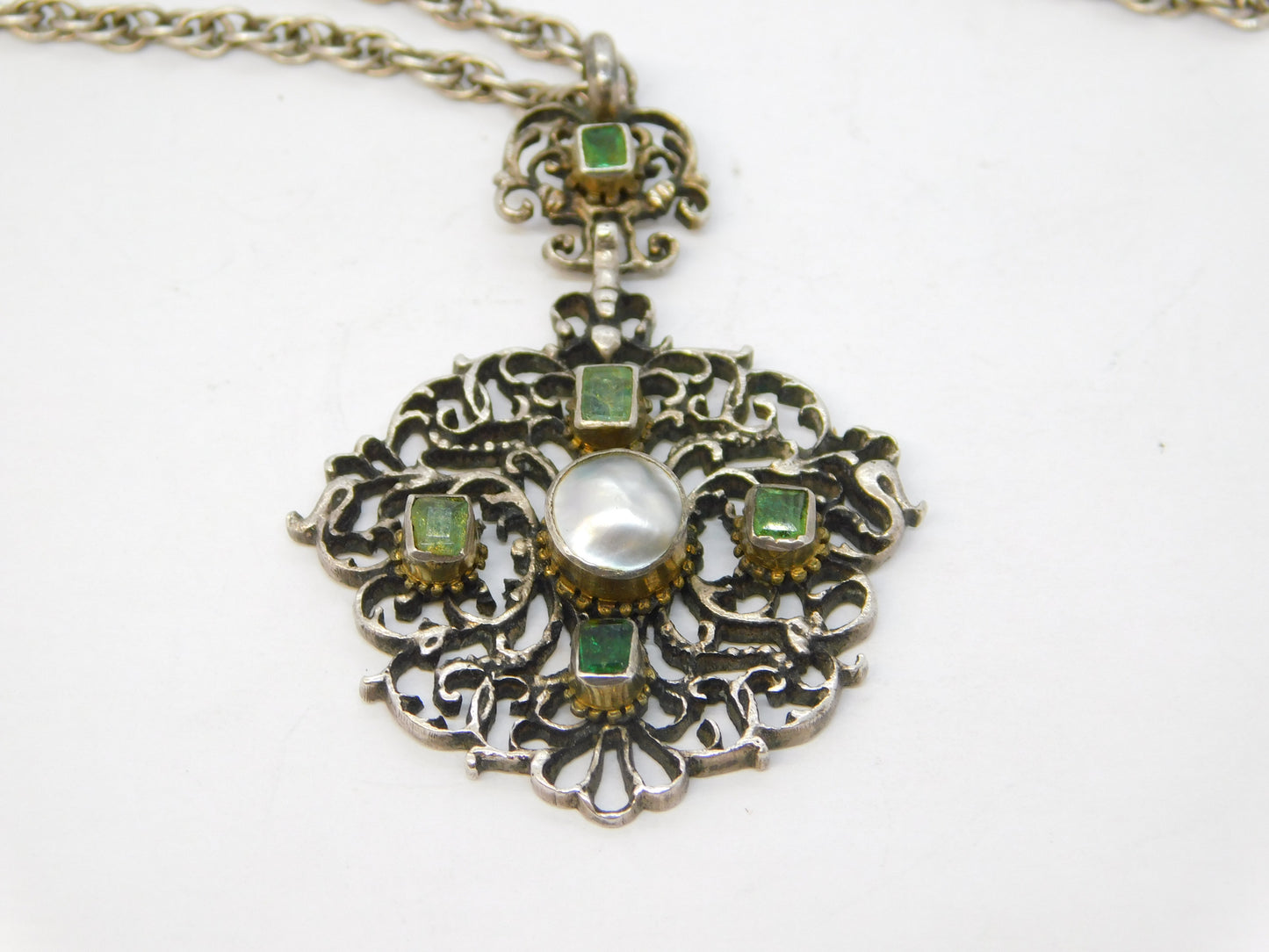 19th Century Sterling Silver Austro-Hungarian Emerald & Freshwater Pearl Necklace Antique c1860