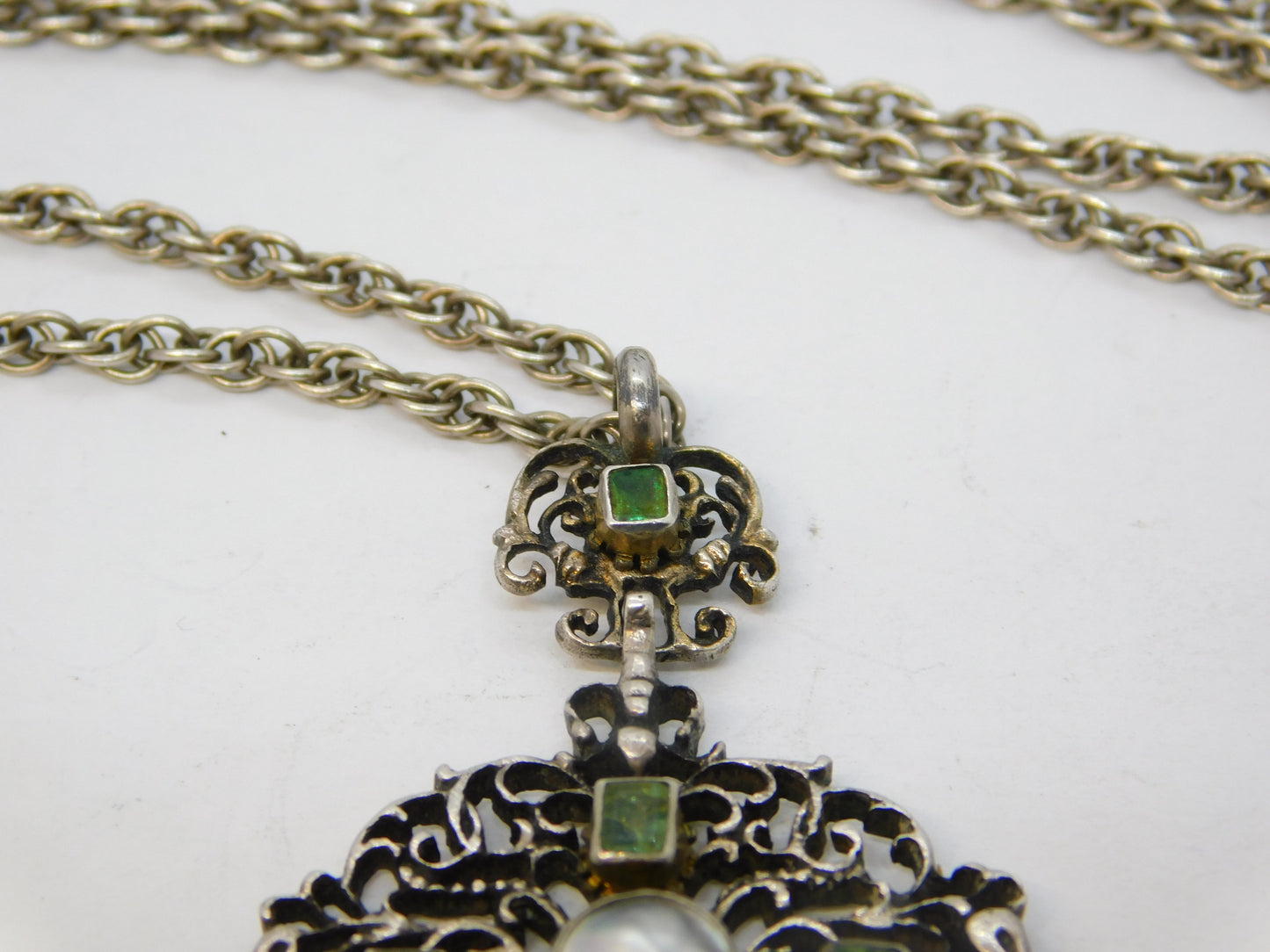 19th Century Sterling Silver Austro-Hungarian Emerald & Freshwater Pearl Necklace Antique c1860