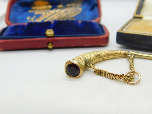 15ct Yellow Gold & Garnet Set Horn Form Watch Key Fob Pendant Antique c1900