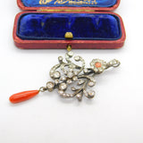Victorian Sterling Silver, Diamond Paste & Coral Floral Drop Pendant Antique c1900