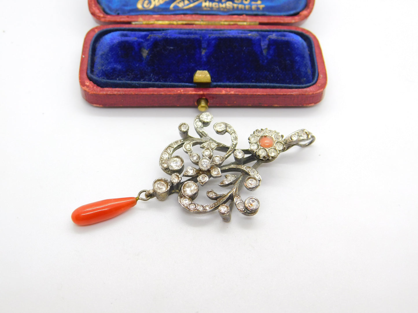 Victorian Sterling Silver, Diamond Paste & Coral Floral Drop Pendant Antique c1900