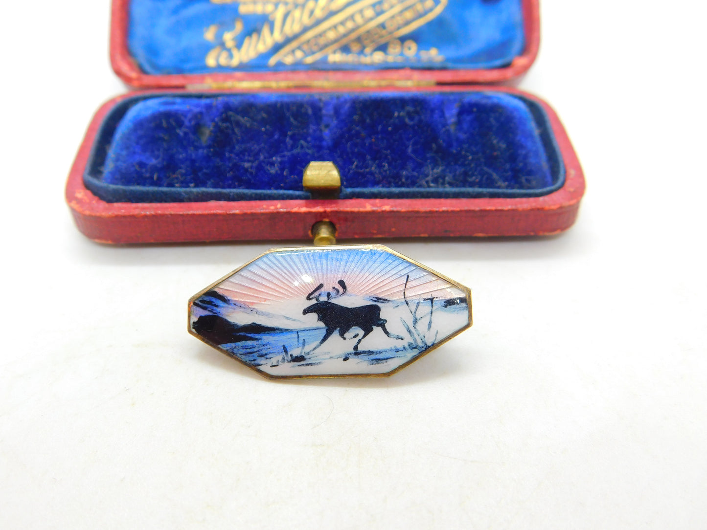 Norwegian Sterling Silver & Enamel Reindeer Scene Brooch Antique c1920 Art Deco