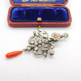 Victorian Sterling Silver, Diamond Paste & Coral Floral Drop Pendant Antique c1900