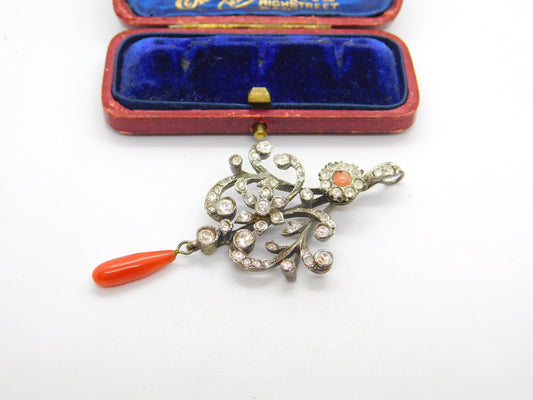 Victorian Sterling Silver, Diamond Paste & Coral Floral Drop Pendant Antique c1900