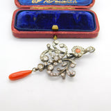 Victorian Sterling Silver, Diamond Paste & Coral Floral Drop Pendant Antique c1900