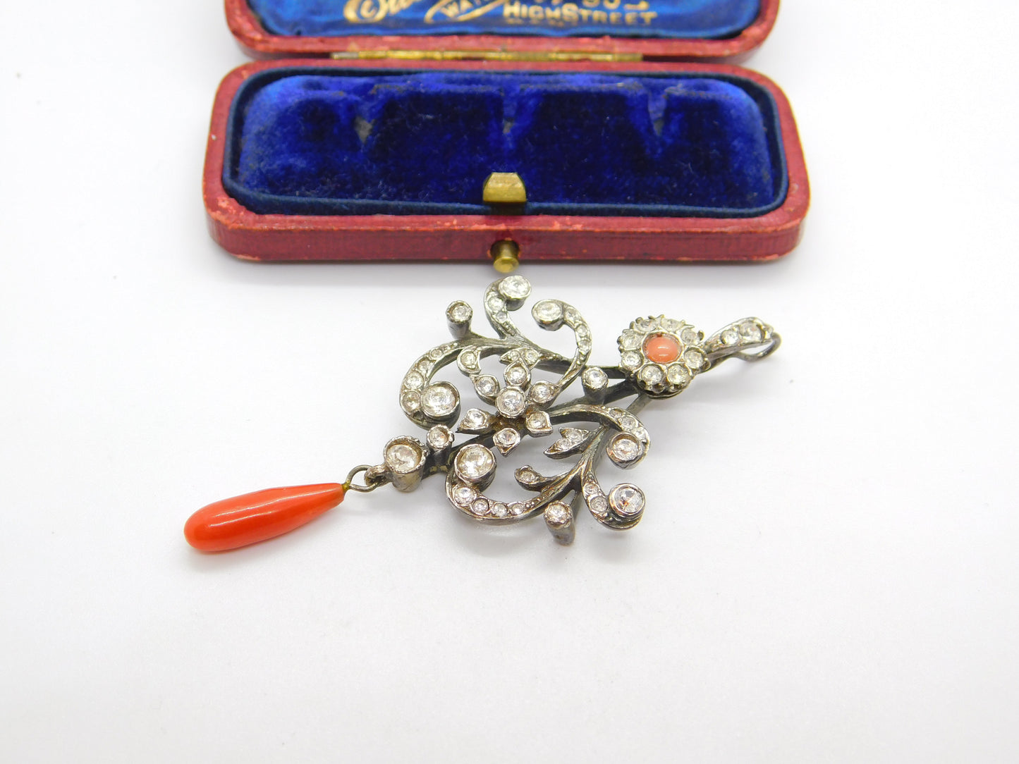 Victorian Sterling Silver, Diamond Paste & Coral Floral Drop Pendant Antique c1900