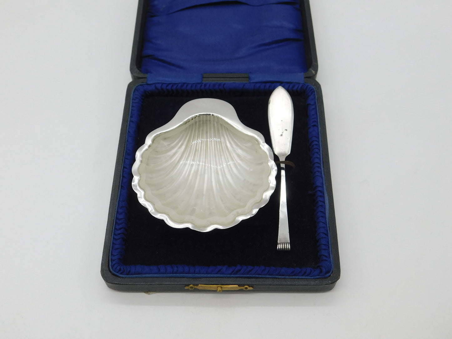 Boxed Sterling Silver Shell Form Butter Dish & Spreader 1920 Birmingham Antique