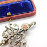 Victorian Sterling Silver, Diamond Paste & Coral Floral Drop Pendant Antique c1900