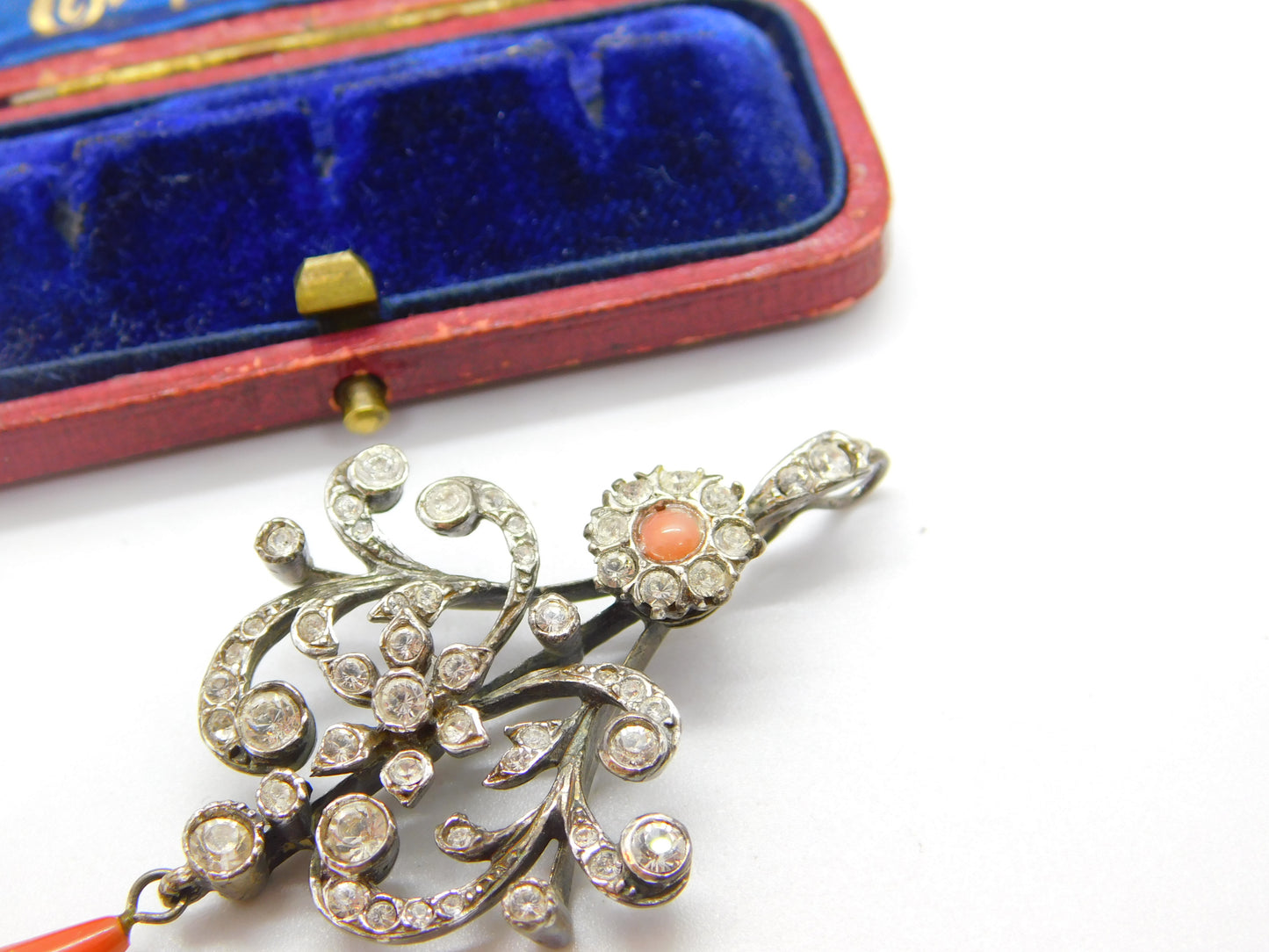 Victorian Sterling Silver, Diamond Paste & Coral Floral Drop Pendant Antique c1900