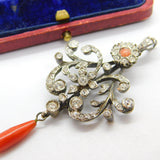 Victorian Sterling Silver, Diamond Paste & Coral Floral Drop Pendant Antique c1900