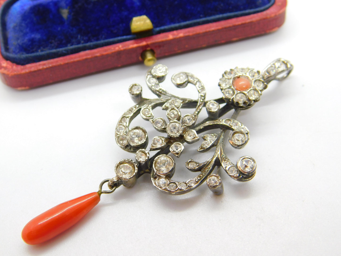 Victorian Sterling Silver, Diamond Paste & Coral Floral Drop Pendant Antique c1900