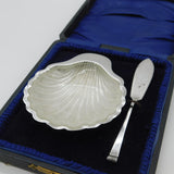 Boxed Sterling Silver Shell Form Butter Dish & Spreader 1920 Birmingham Antique