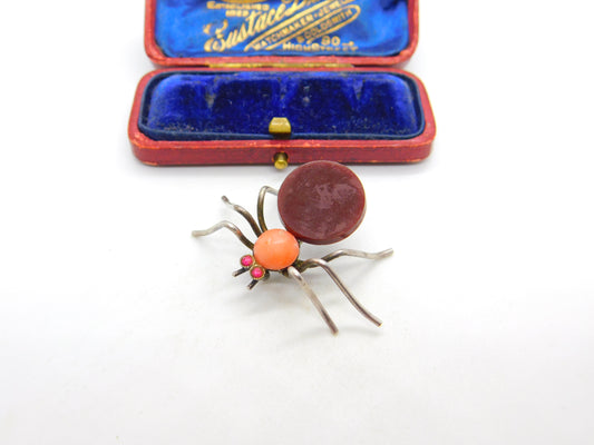 Sterling Silver Insect Spider Brooch with Carnelian & Glass Antique c1920