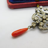 Victorian Sterling Silver, Diamond Paste & Coral Floral Drop Pendant Antique c1900