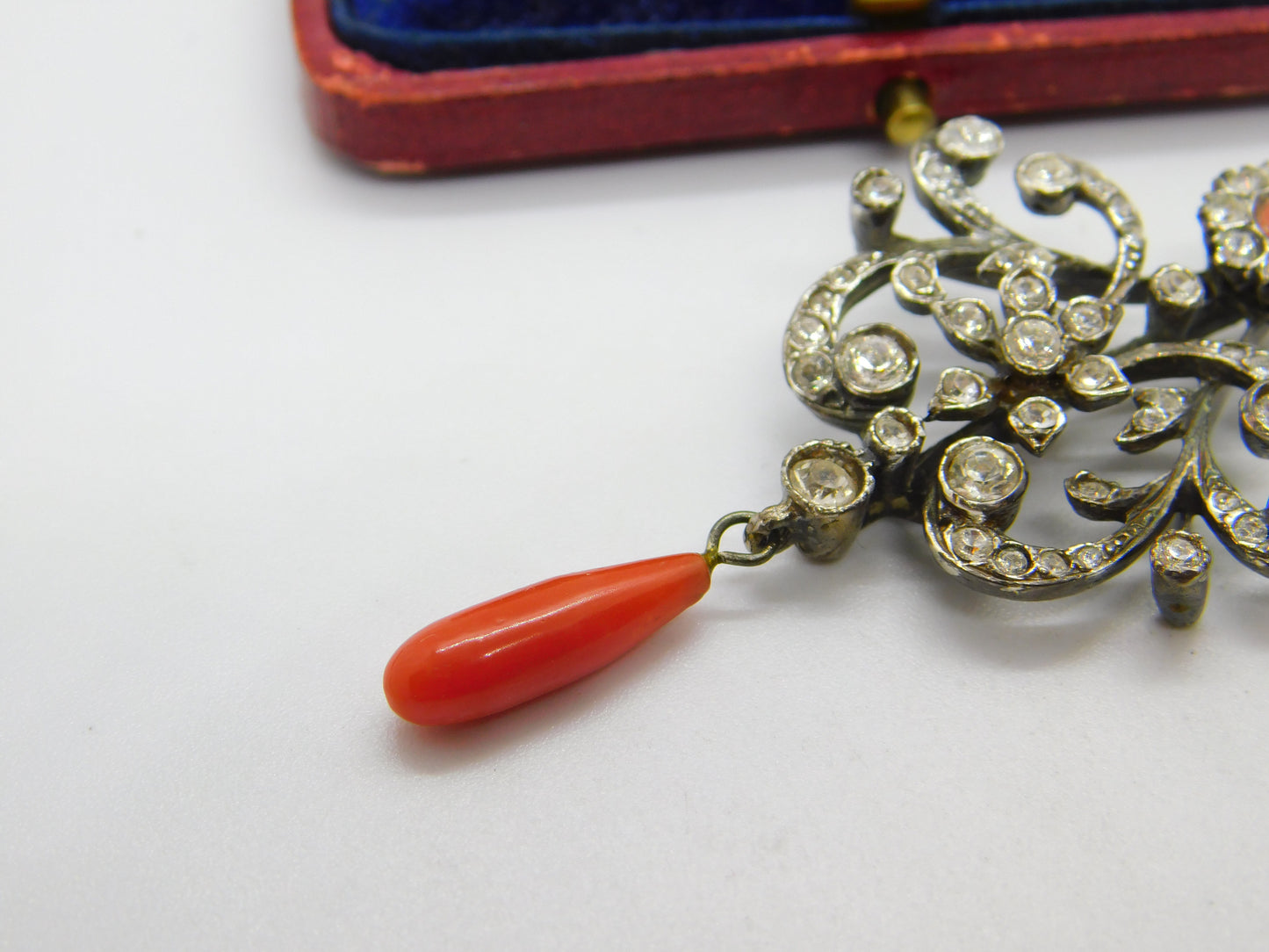 Victorian Sterling Silver, Diamond Paste & Coral Floral Drop Pendant Antique c1900