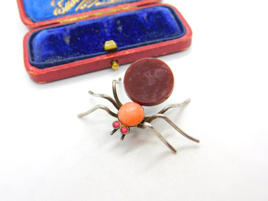 Sterling Silver Insect Spider Brooch with Carnelian & Glass Antique c1920