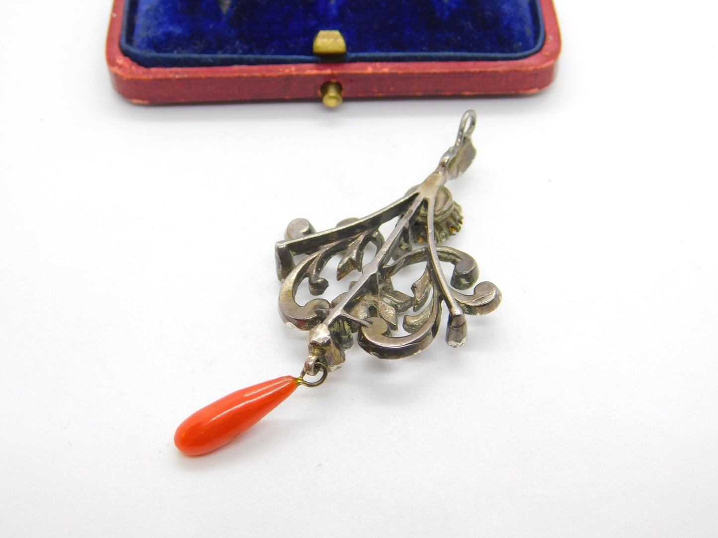 Victorian Sterling Silver, Diamond Paste & Coral Floral Drop Pendant Antique c1900