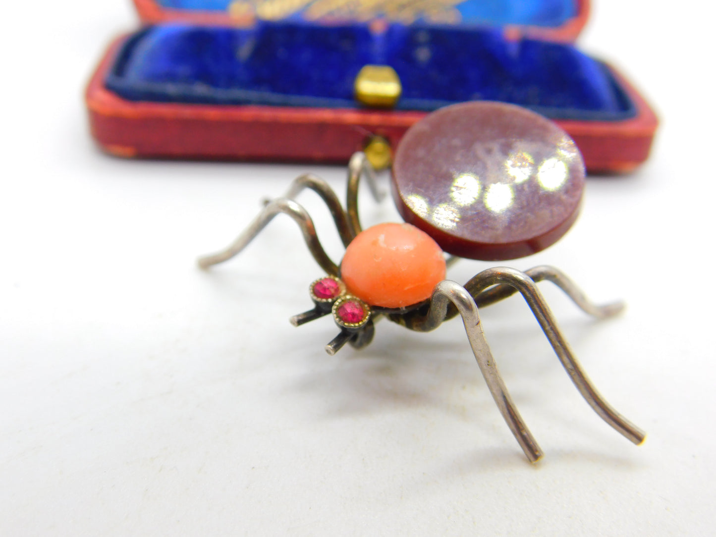 Sterling Silver Insect Spider Brooch with Carnelian & Glass Antique c1920