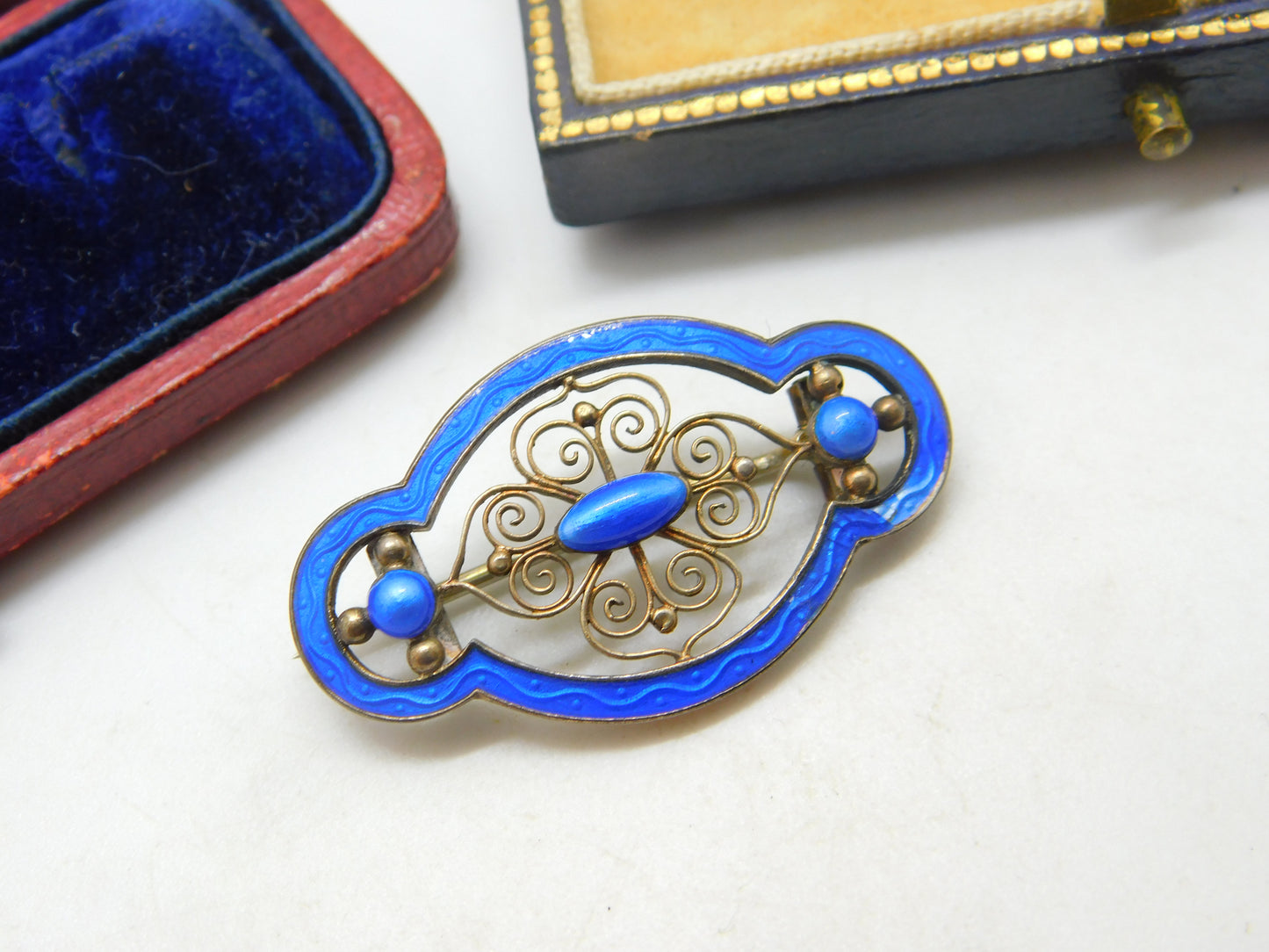 Norwegian 935 Silver Marius Hammer Blue Enamel Brooch Antique c1930 Deco