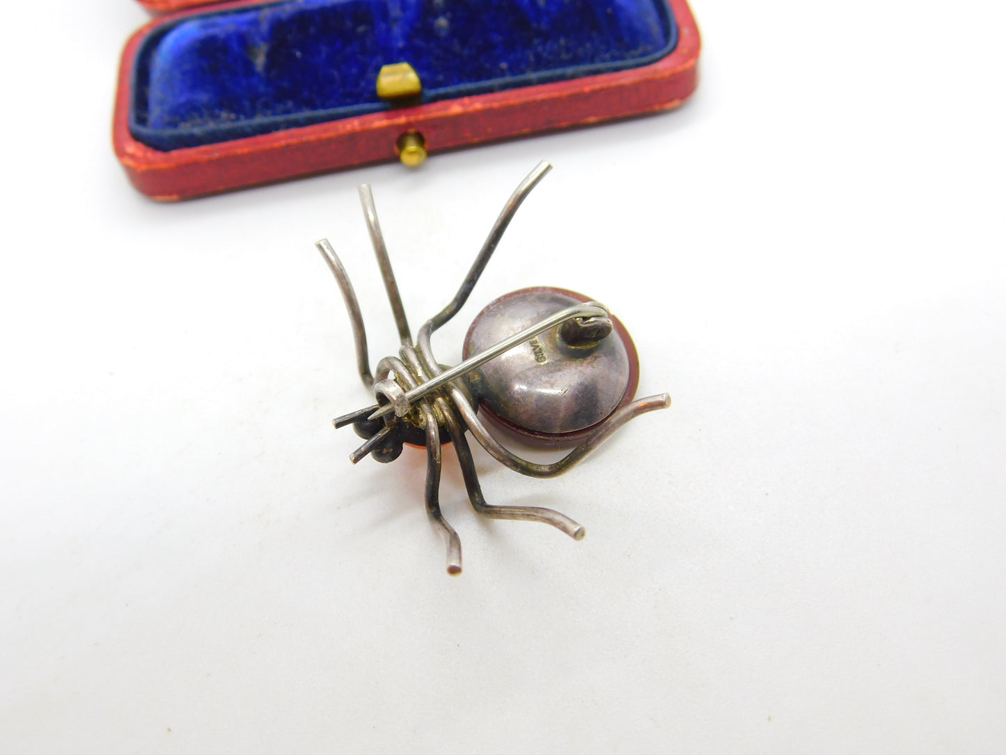 Sterling Silver Insect Spider Brooch with Carnelian & Glass Antique c1920