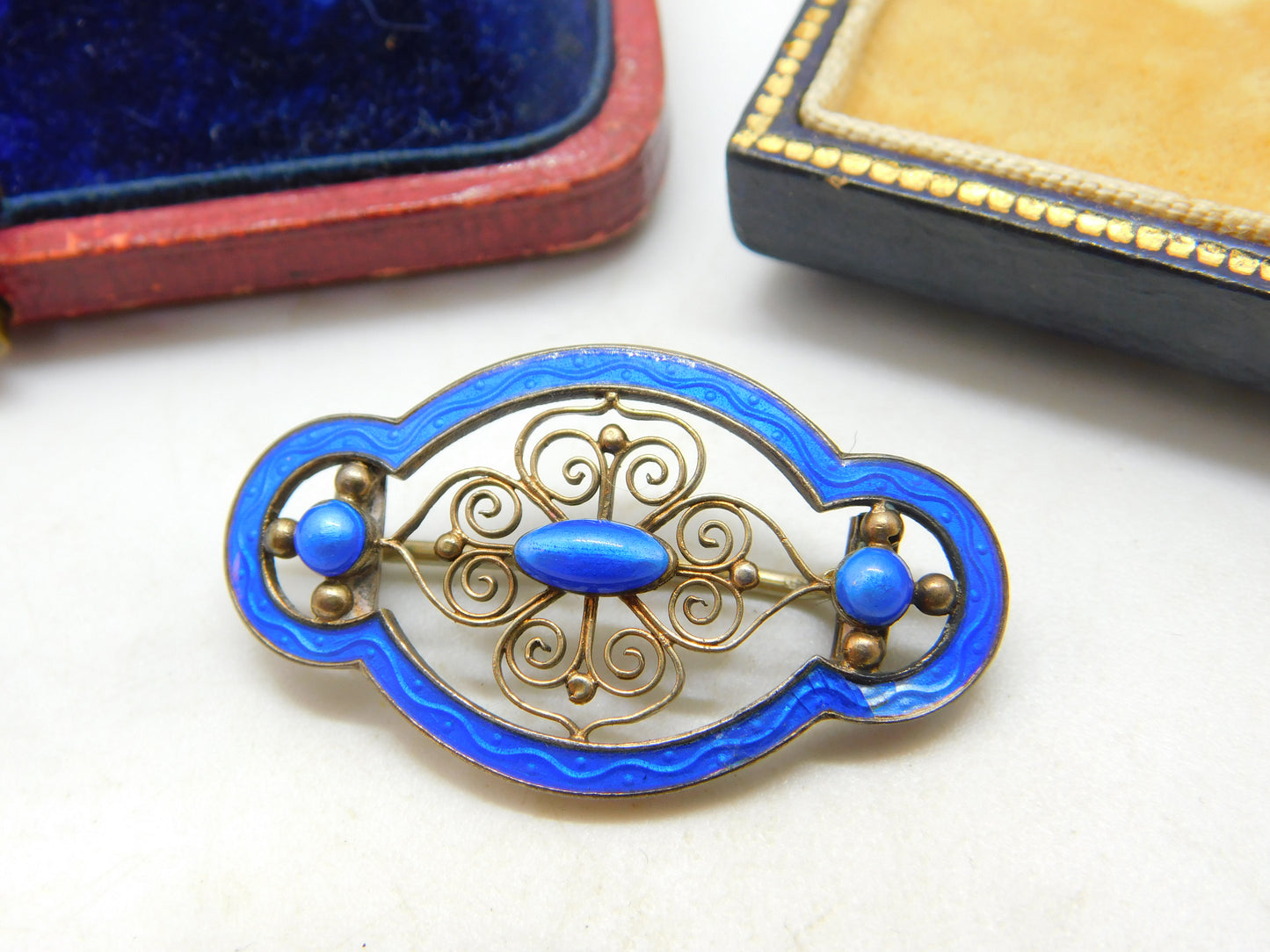 Norwegian 935 Silver Marius Hammer Blue Enamel Brooch Antique c1930 Deco