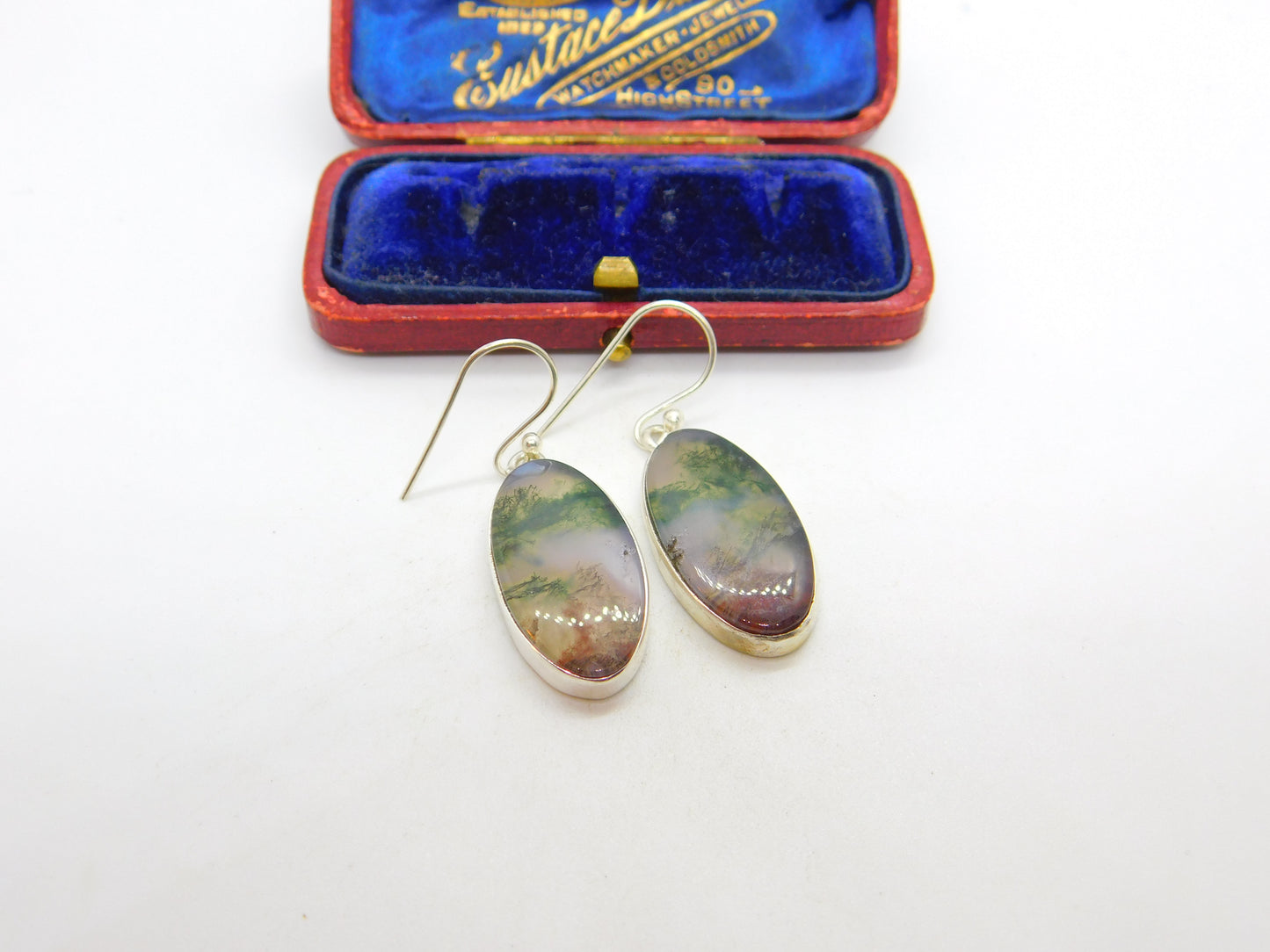 Sterling Silver Moss or Dendritic Agate Hook Drop Earrings Vintage c1970