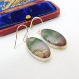 Sterling Silver Moss or Dendritic Agate Hook Drop Earrings Vintage c1970