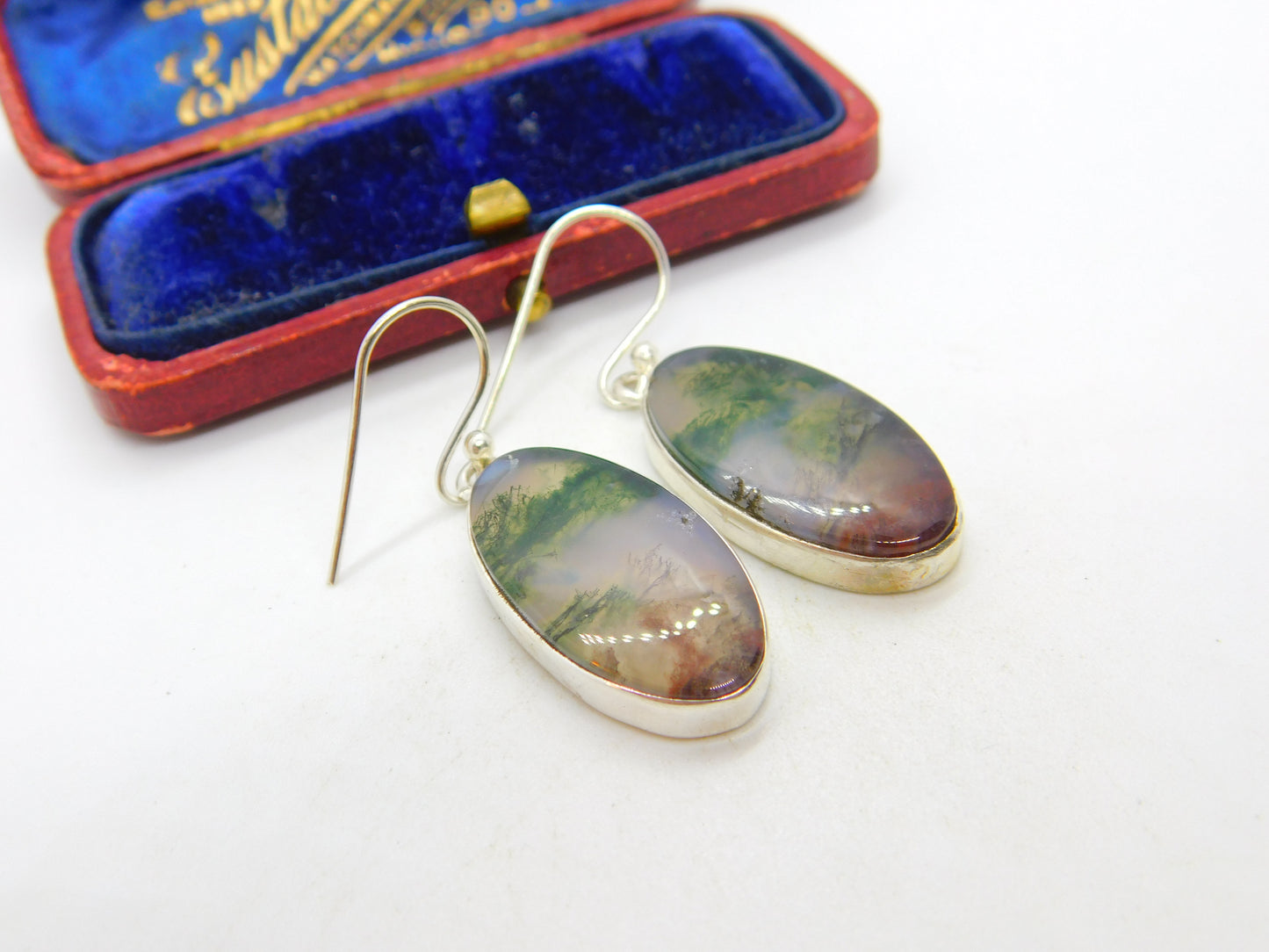 Sterling Silver Moss or Dendritic Agate Hook Drop Earrings Vintage c1970