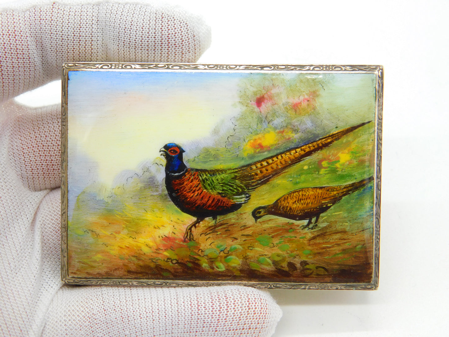 Victorian Sterling Silver Gilt Colourful Enamel Pheasant Scene Mirror Compact