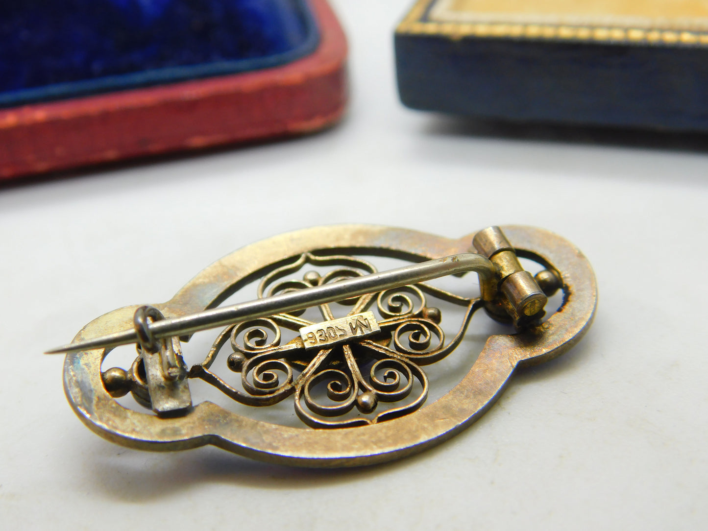 Norwegian 935 Silver Marius Hammer Blue Enamel Brooch Antique c1930 Deco