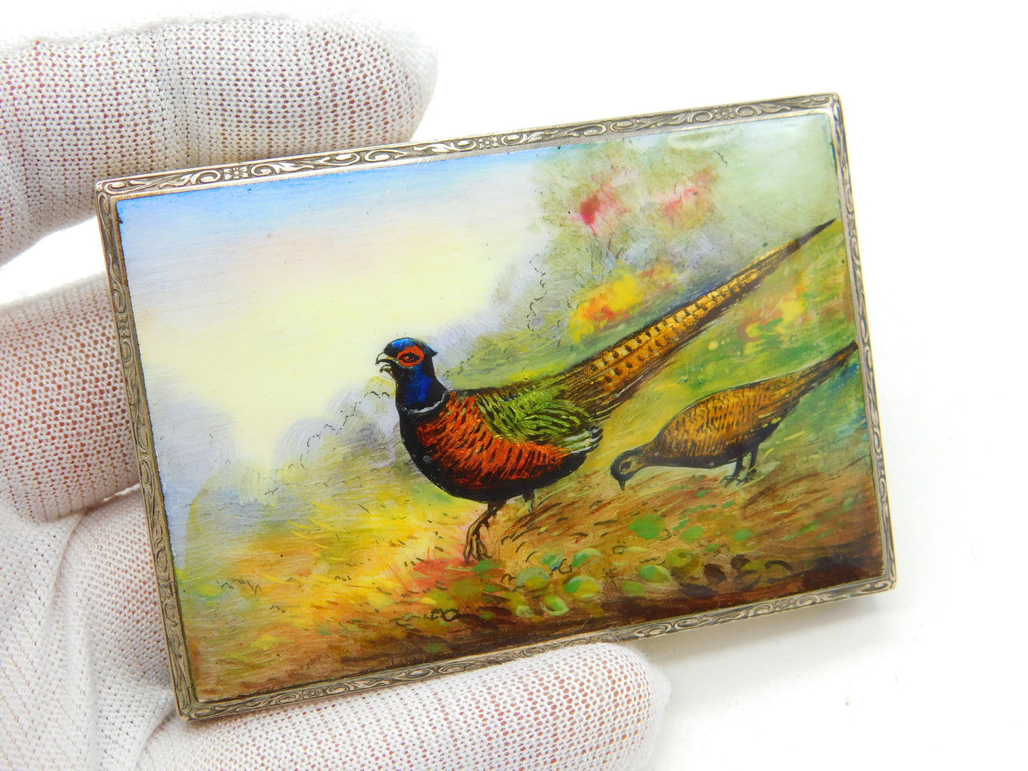 Victorian Sterling Silver Gilt Colourful Enamel Pheasant Scene Mirror Compact