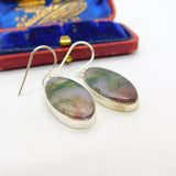 Sterling Silver Moss or Dendritic Agate Hook Drop Earrings Vintage c1970