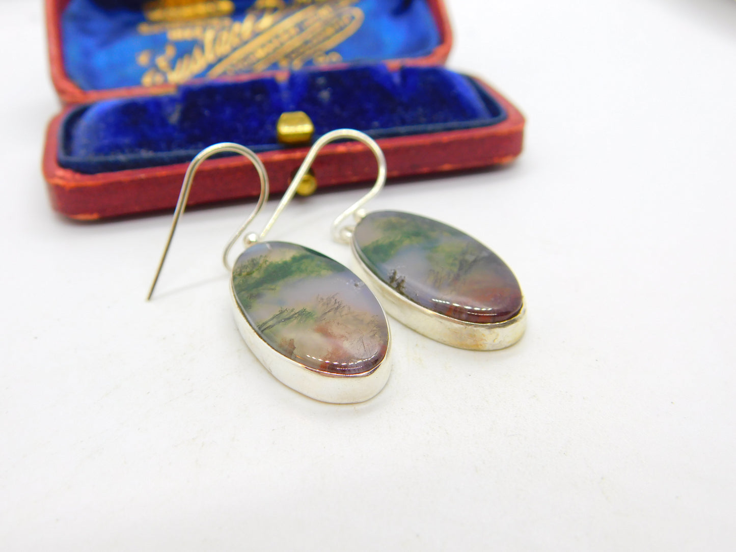 Sterling Silver Moss or Dendritic Agate Hook Drop Earrings Vintage c1970