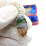 Sterling Silver Moss or Dendritic Agate Hook Drop Earrings Vintage c1970