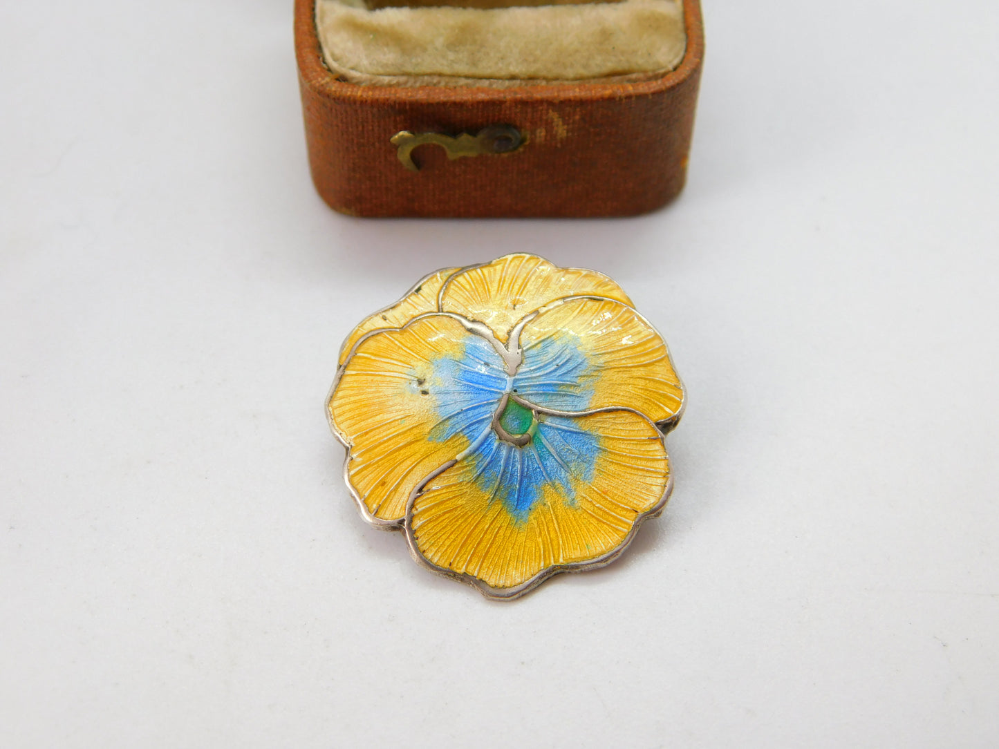 Sterling Silver Guilloche Enamel Yellow-Blue Flower Brooch Antique Art Deco