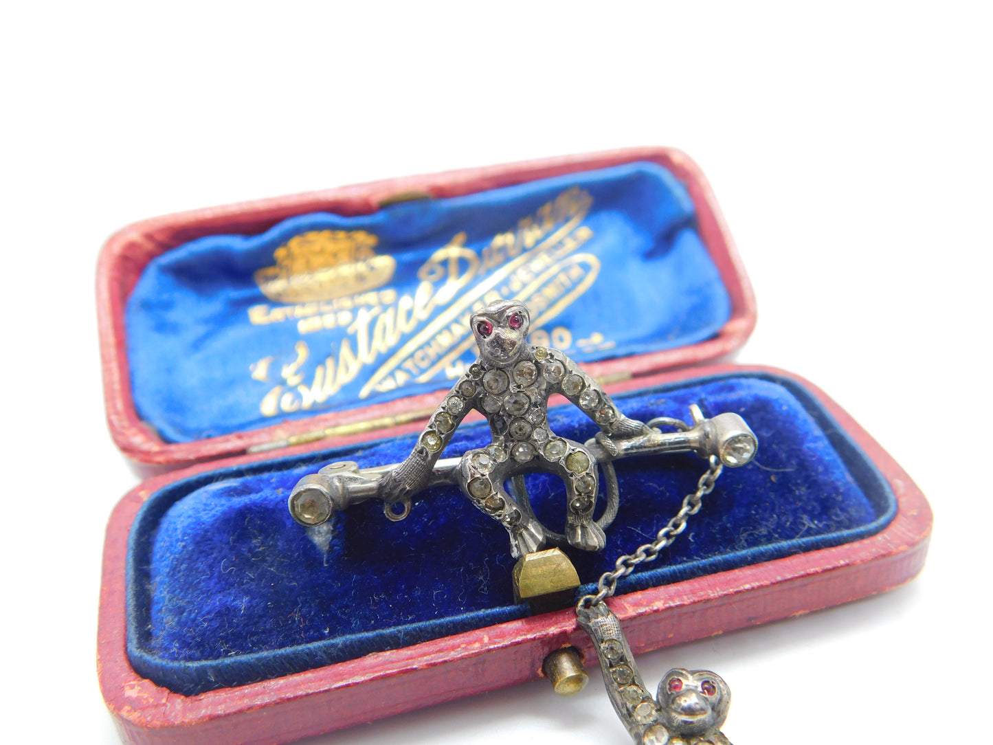 800 Silver & Diamond Paste Sitting-Dangling Monkey Couple Brooch Antique c1900