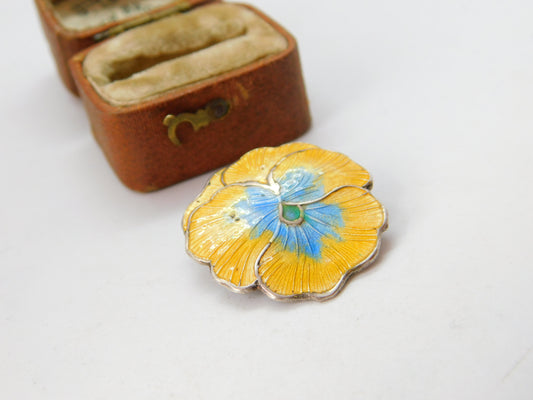 Sterling Silver Guilloche Enamel Yellow-Blue Flower Brooch Antique Art Deco