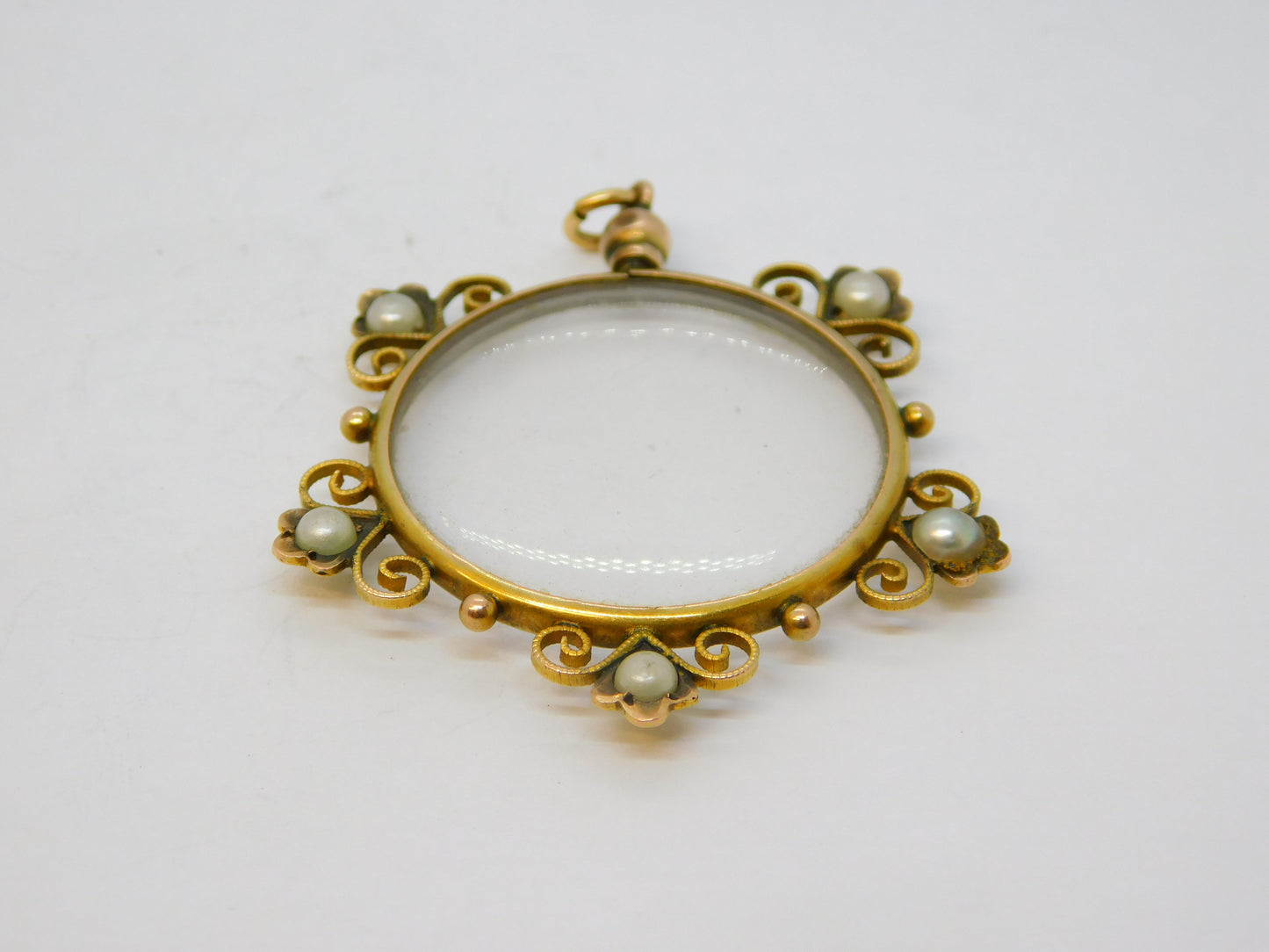Edwardian 9ct Yellow Gold & Pearl Set Floral Portrait Locket Pendant Antique c1910