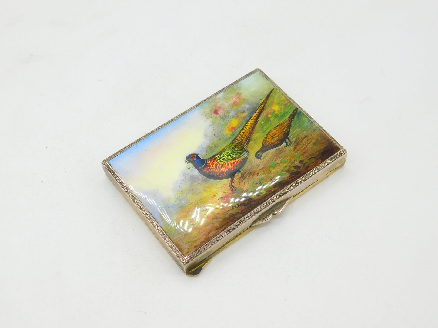 Victorian Sterling Silver Gilt Colourful Enamel Pheasant Scene Mirror Compact