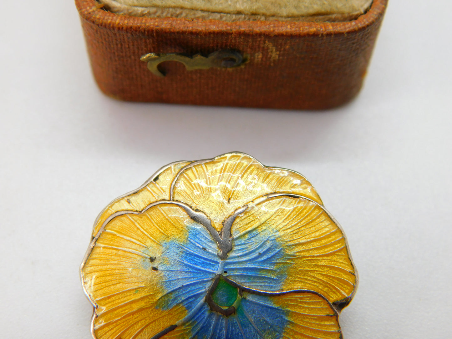 Sterling Silver Guilloche Enamel Yellow-Blue Flower Brooch Antique Art Deco