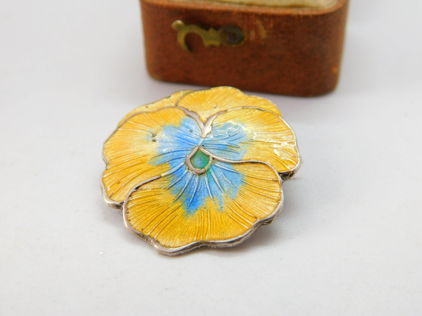 Sterling Silver Guilloche Enamel Yellow-Blue Flower Brooch Antique Art Deco