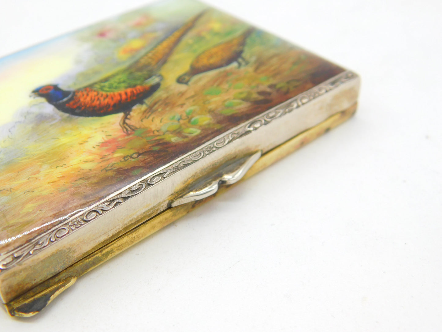 Victorian Sterling Silver Gilt Colourful Enamel Pheasant Scene Mirror Compact