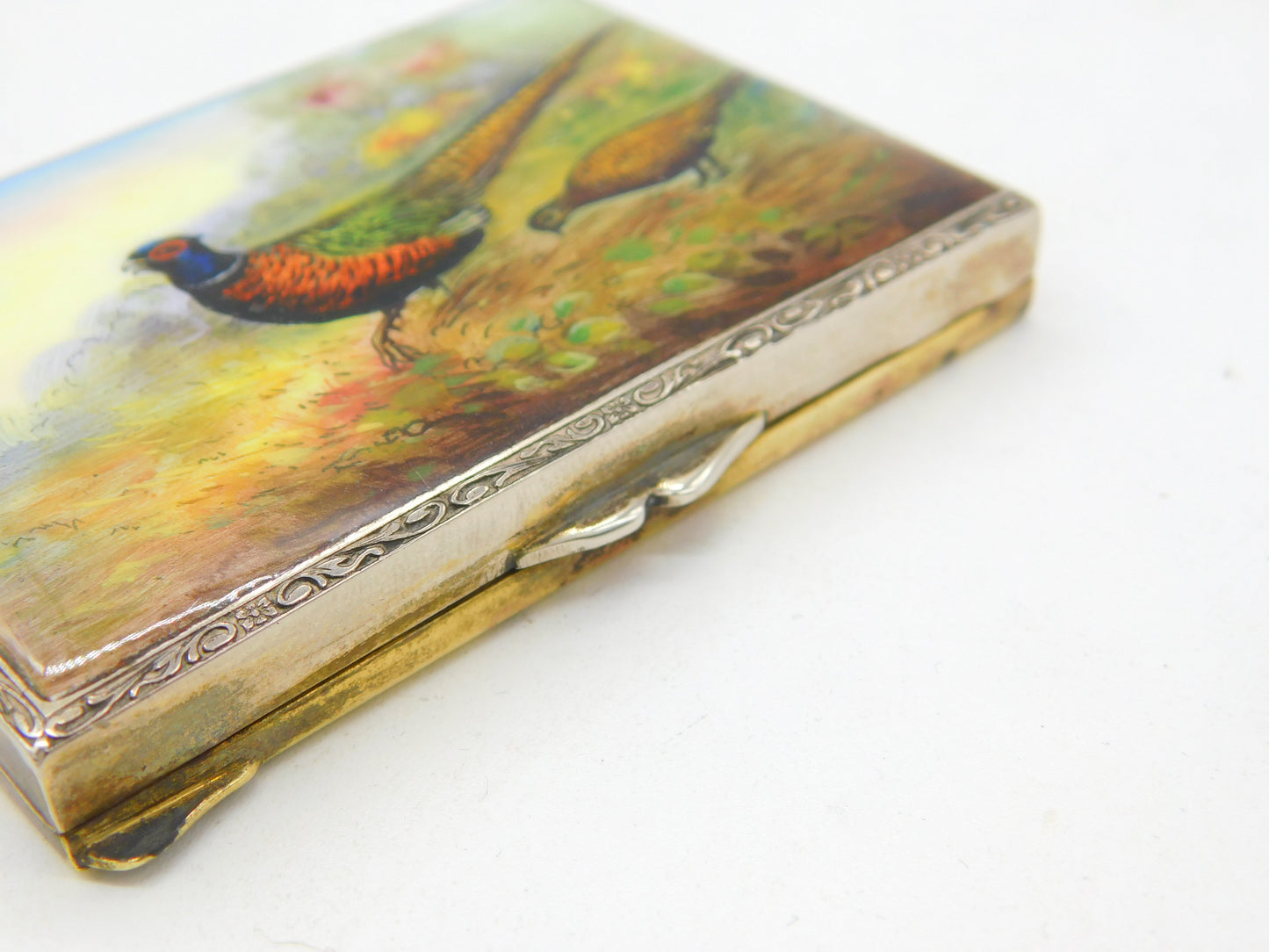 Victorian Sterling Silver Gilt Colourful Enamel Pheasant Scene Mirror Compact